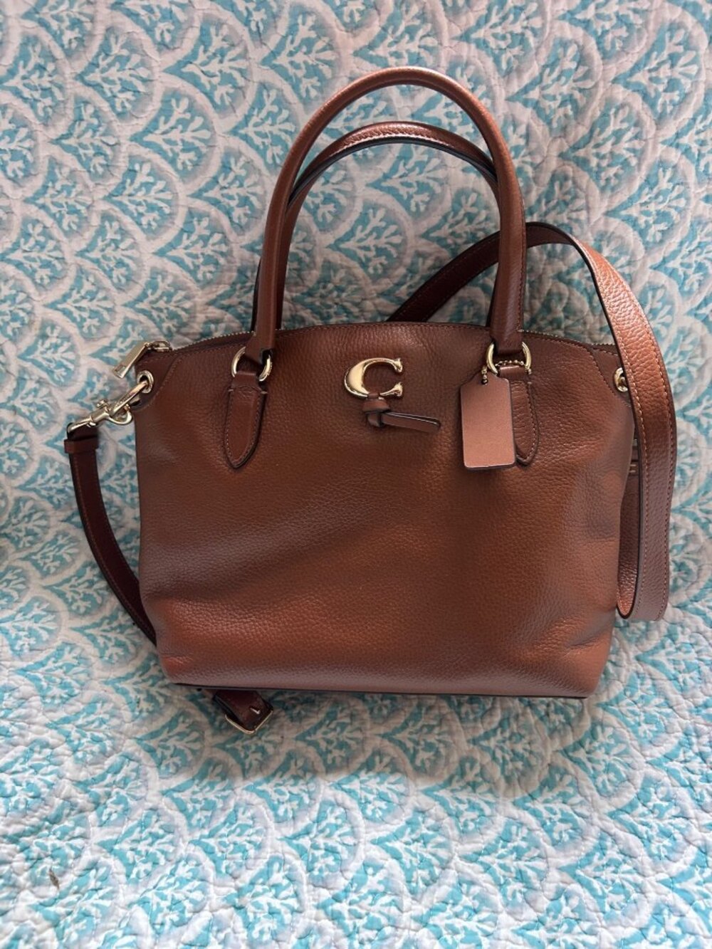 Coach Remi Satchel 1317 Brown Polished Pebble Leather Crossbody Tote Shoulder Ba